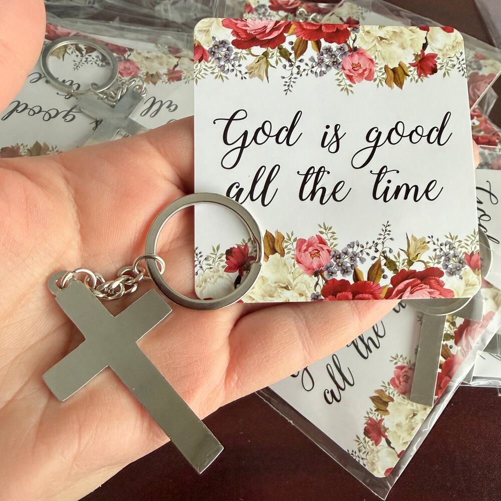Lot of 26 pcs, Silver Cross Keychains with God is Good Cards for Favors, Church